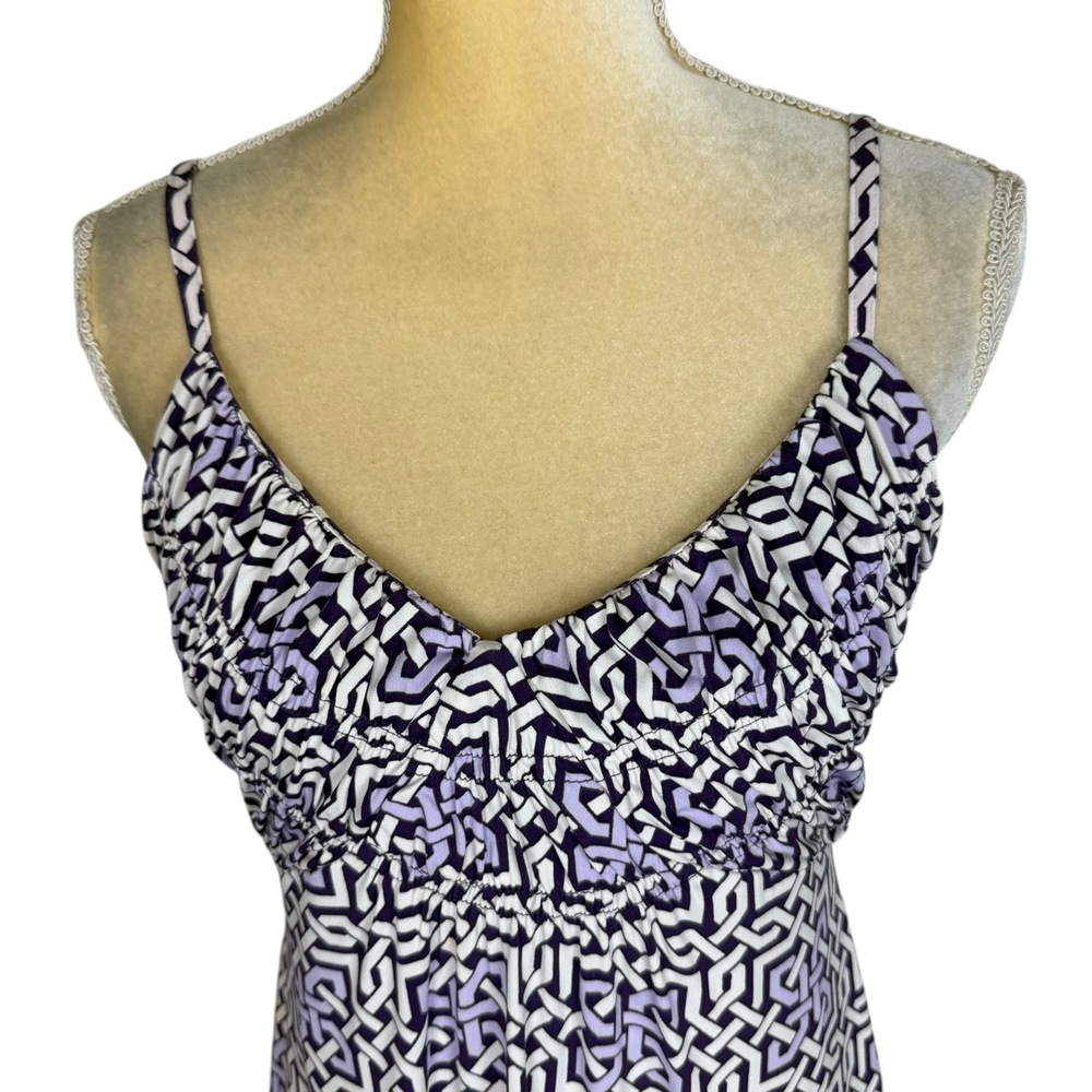 New York & Company Purple Greek Key Geometric Smocked Maxi Dress V Neck Medium - Picture 3 of 10